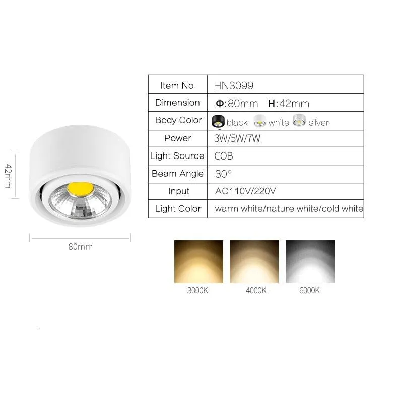 10PCS  Surface Mounted LED Downlight 3W 5W COB Black White Silver Downlight AC110V/220V Lighting Fixtures Free Shipping