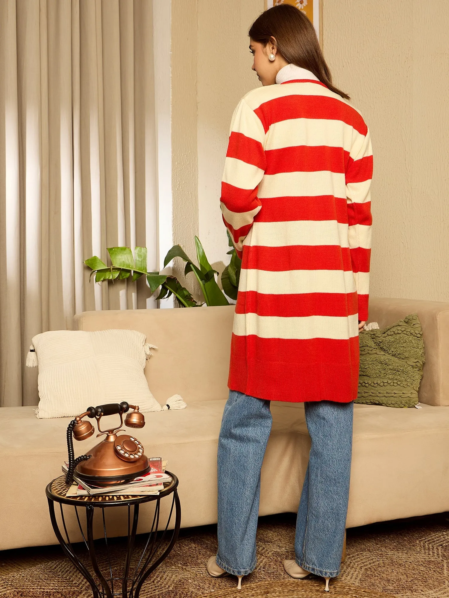 Berrylush Women Orange Striped V-Neck Full Sleeve Front Open Longline Cardigan