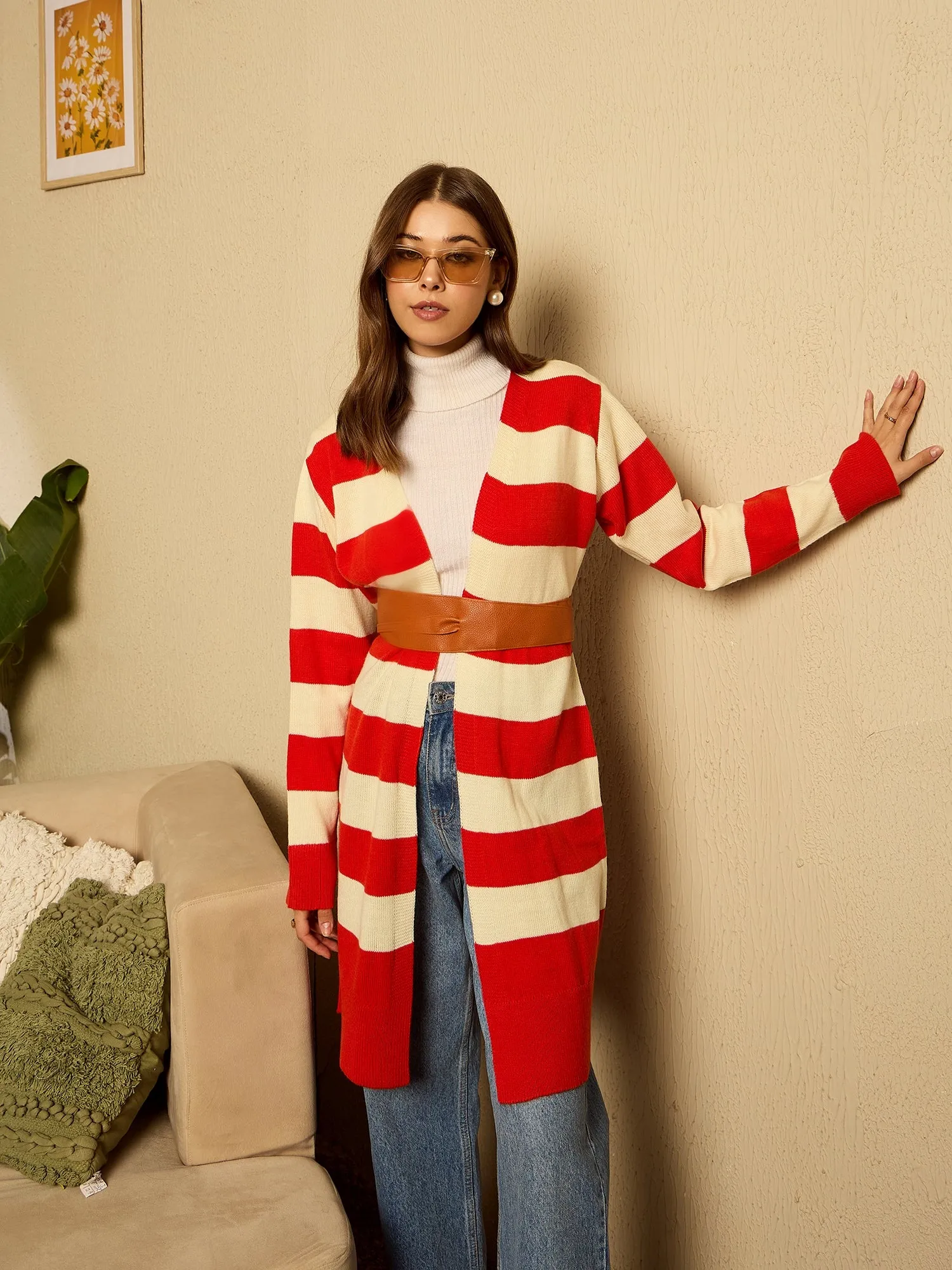 Berrylush Women Orange Striped V-Neck Full Sleeve Front Open Longline Cardigan