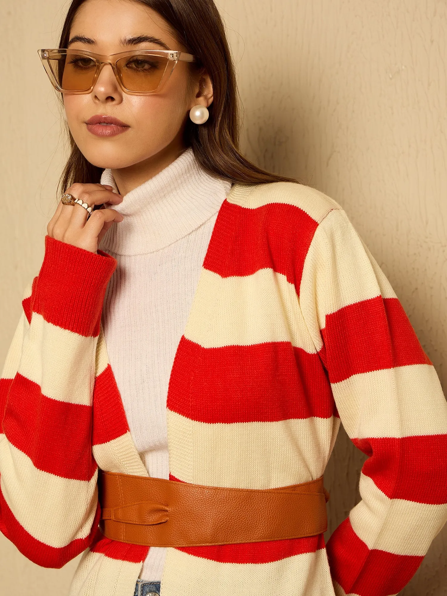 Berrylush Women Orange Striped V-Neck Full Sleeve Front Open Longline Cardigan