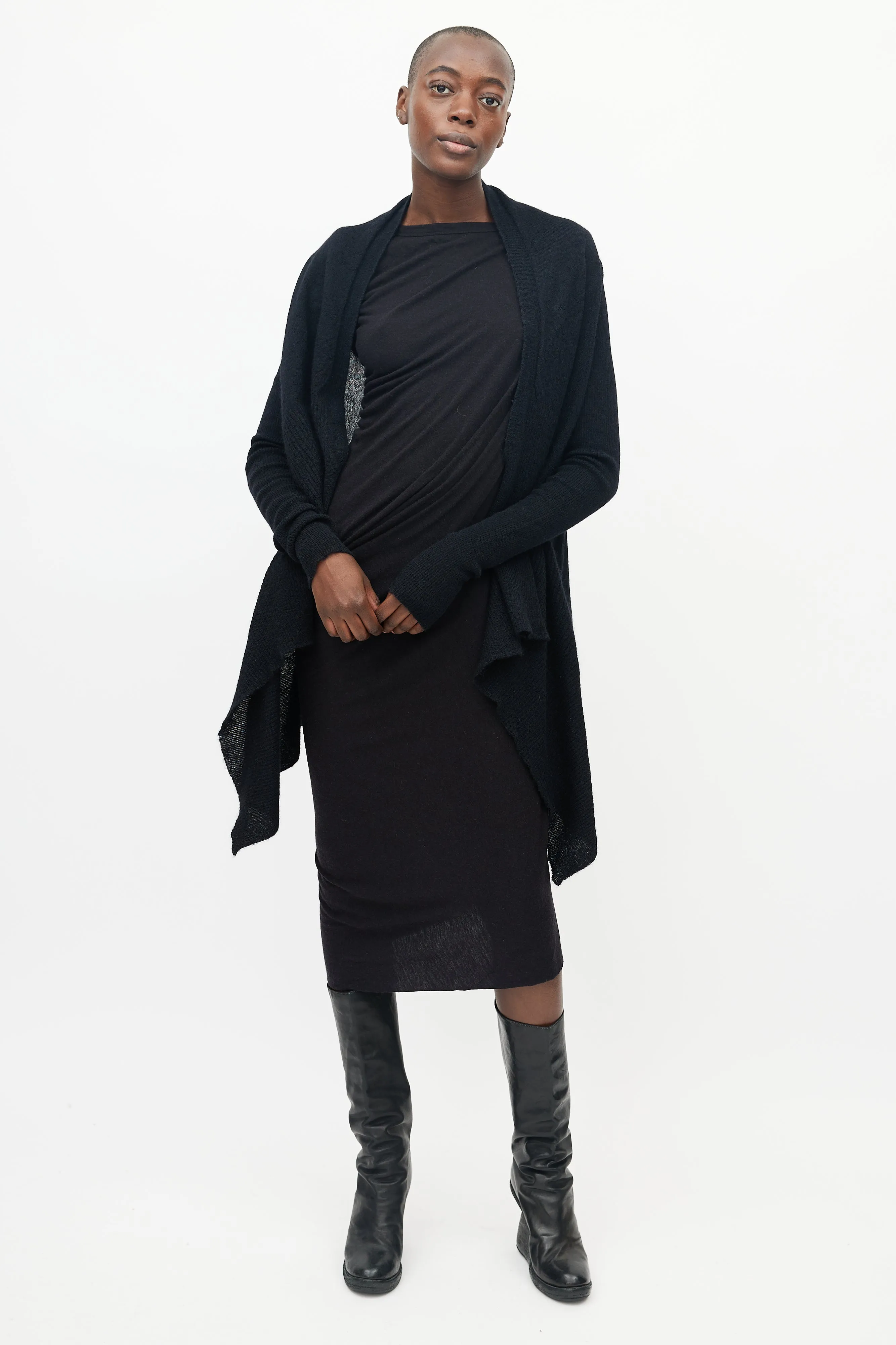 Black Knitted Ribbed Sleeve Open Cardigan