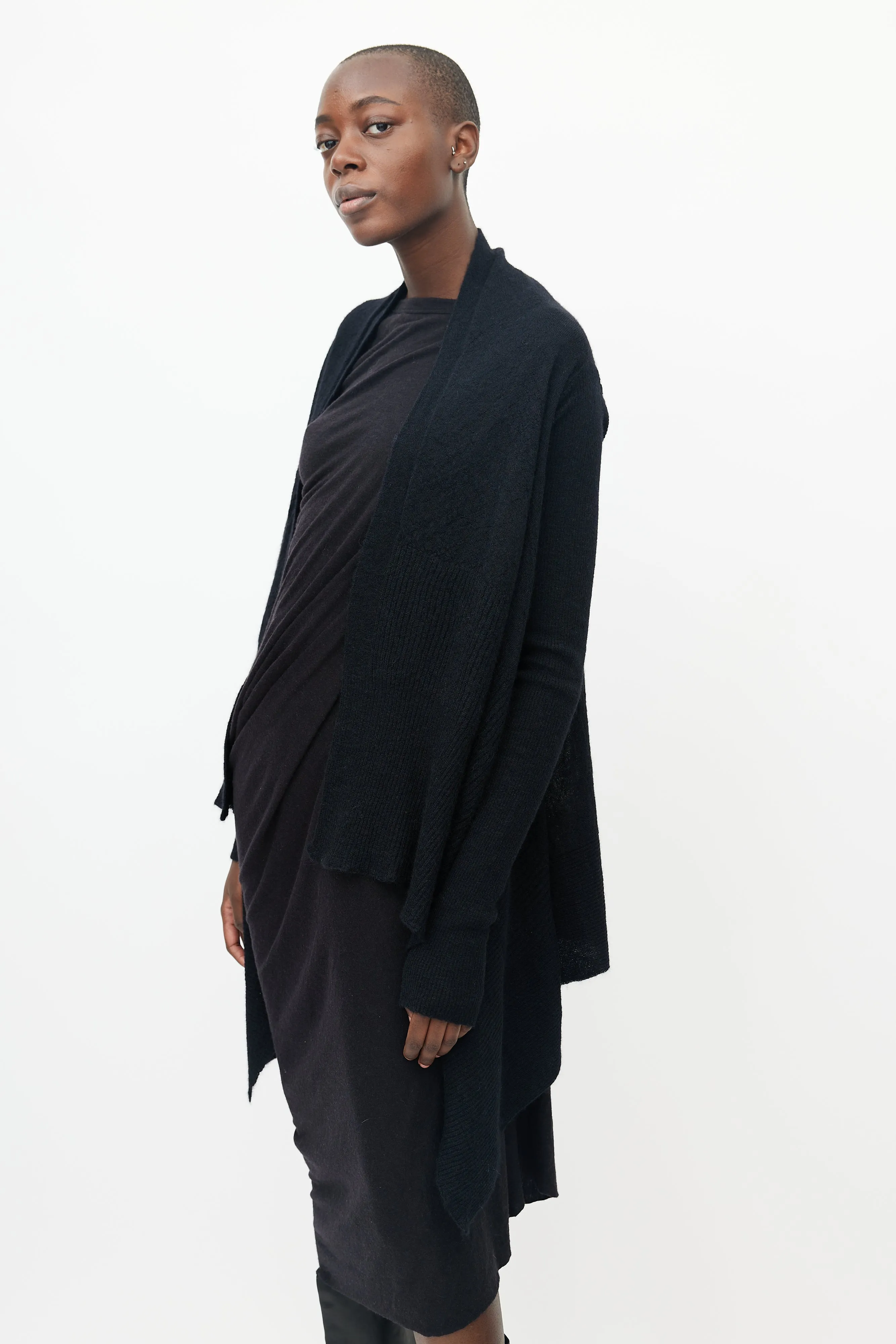 Black Knitted Ribbed Sleeve Open Cardigan