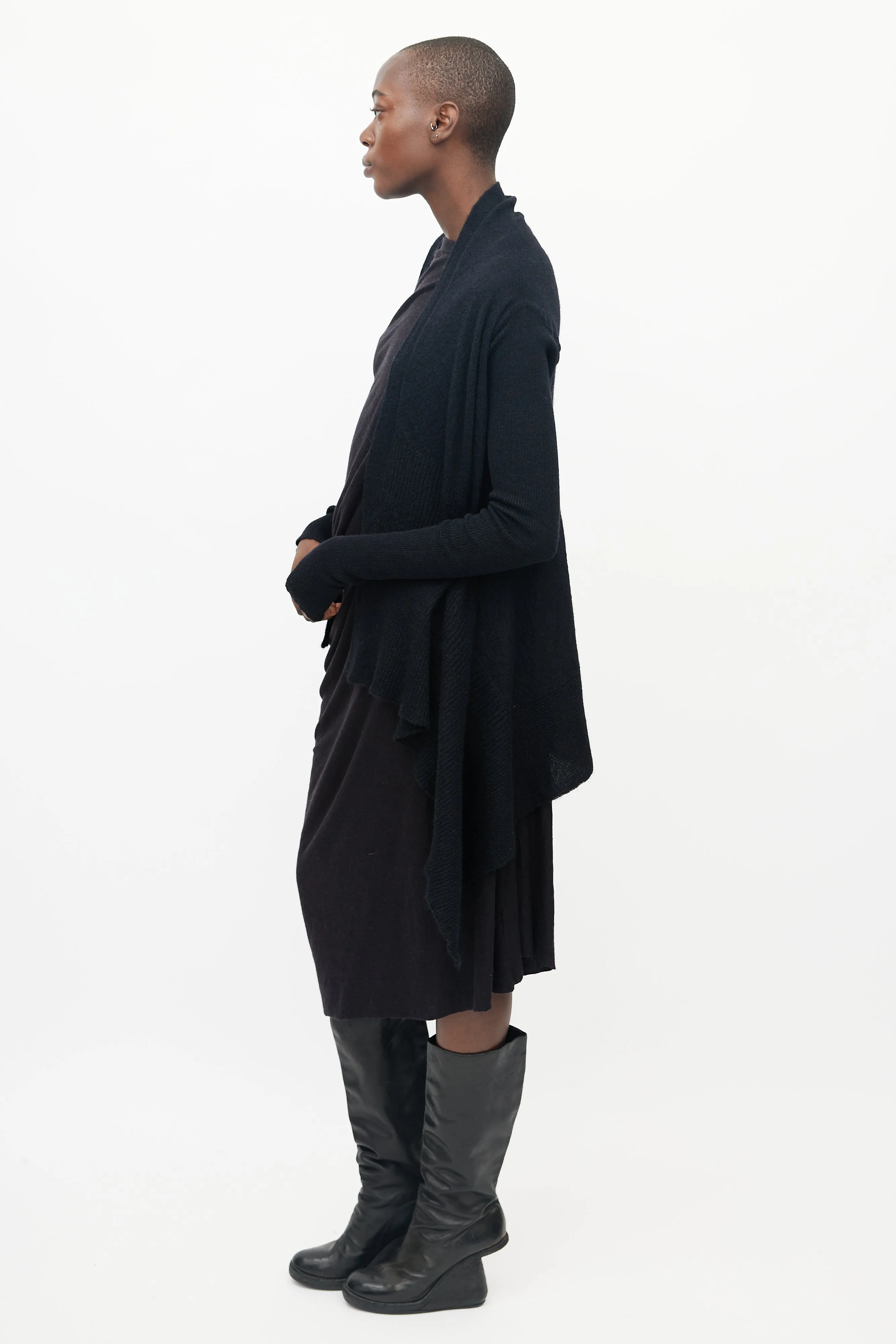 Black Knitted Ribbed Sleeve Open Cardigan
