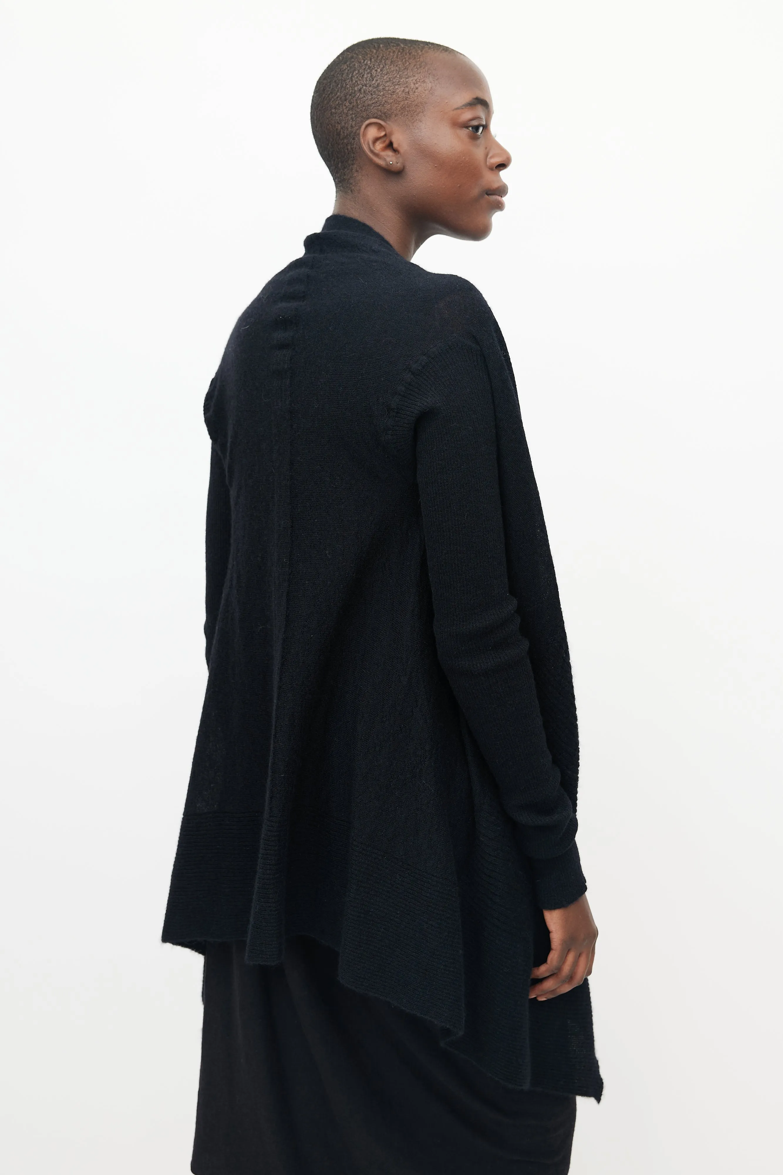Black Knitted Ribbed Sleeve Open Cardigan