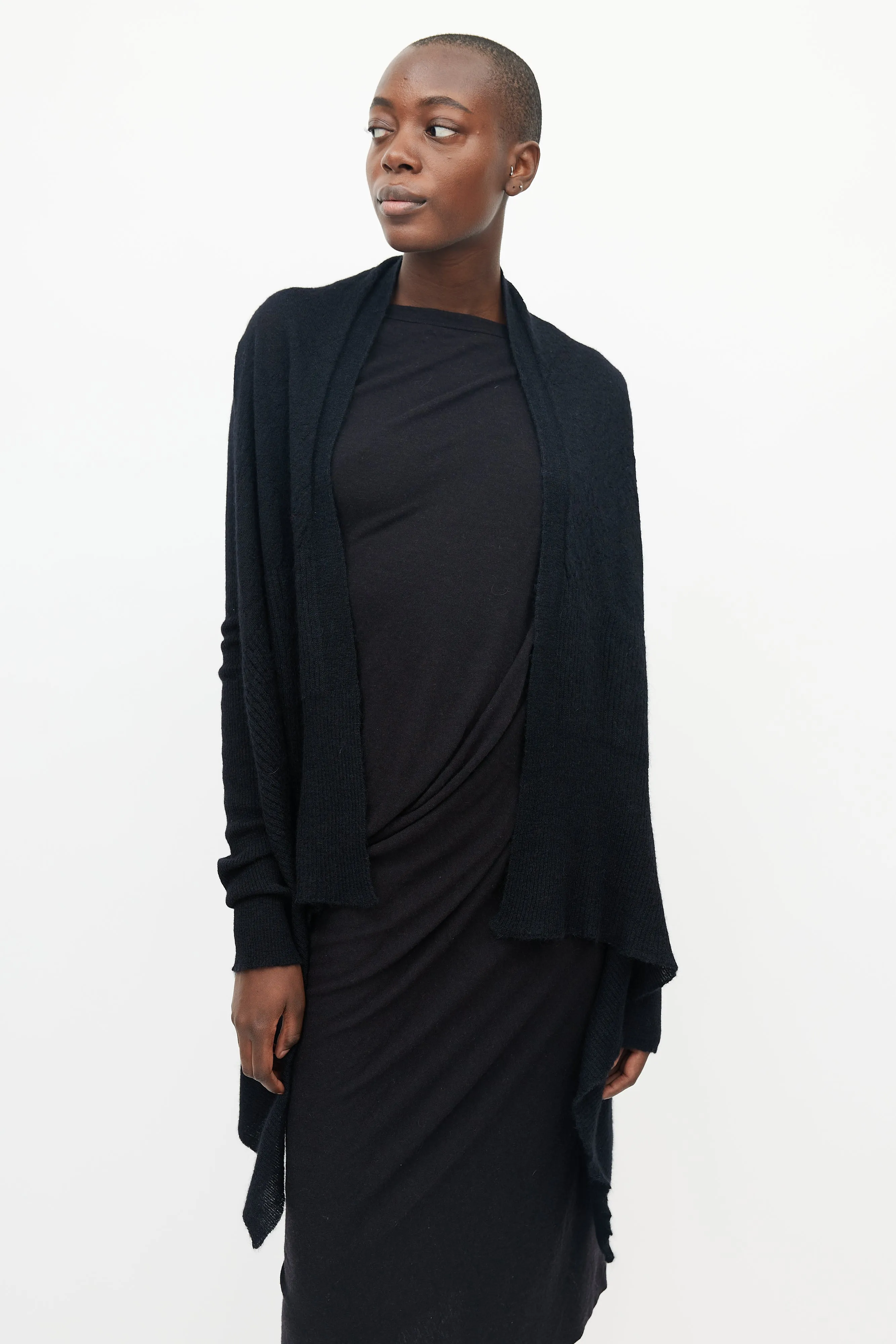 Black Knitted Ribbed Sleeve Open Cardigan