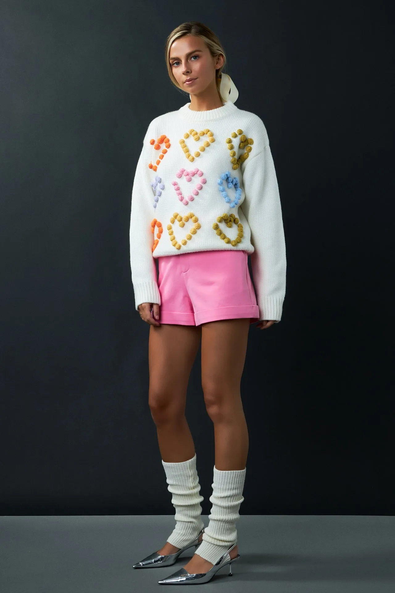Multicolor Heart Pom Sweater