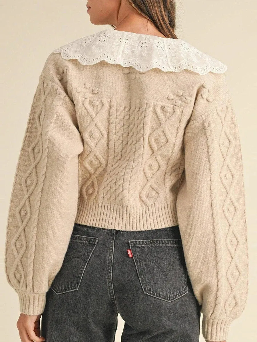 Toleet-Women Knitted Cardigan Jacket Fall Warm Long Sleeve Doll Collar Button Closure Tie-up Casual Sweater Vintage Sweet Knitwear Coat